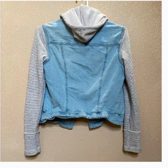 Hooded Jean Jacket with Gray Cloth Sleeves - Picture 2 of 6